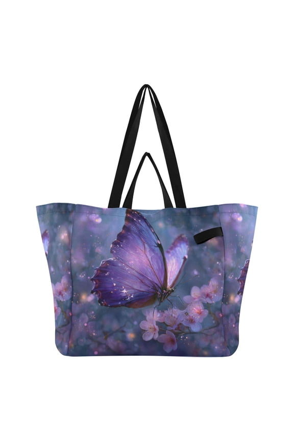 Sakura Purple Butterfly Canvas Tote Bag Large Capacity Reusable Tote with Double Handles, Foldable Heavy Duty Shopping Beach Laundry Bag, 32L