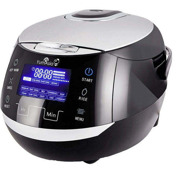 Sakura Rice Cooker with Ceramic Bowl and Advanced Fuzzy Logic (8 Cup, 1.5 Litre) 6 Rice Cook Functions, 6 Multicook Functions, Motouch LED Display, 120V Power (Black and Silver)