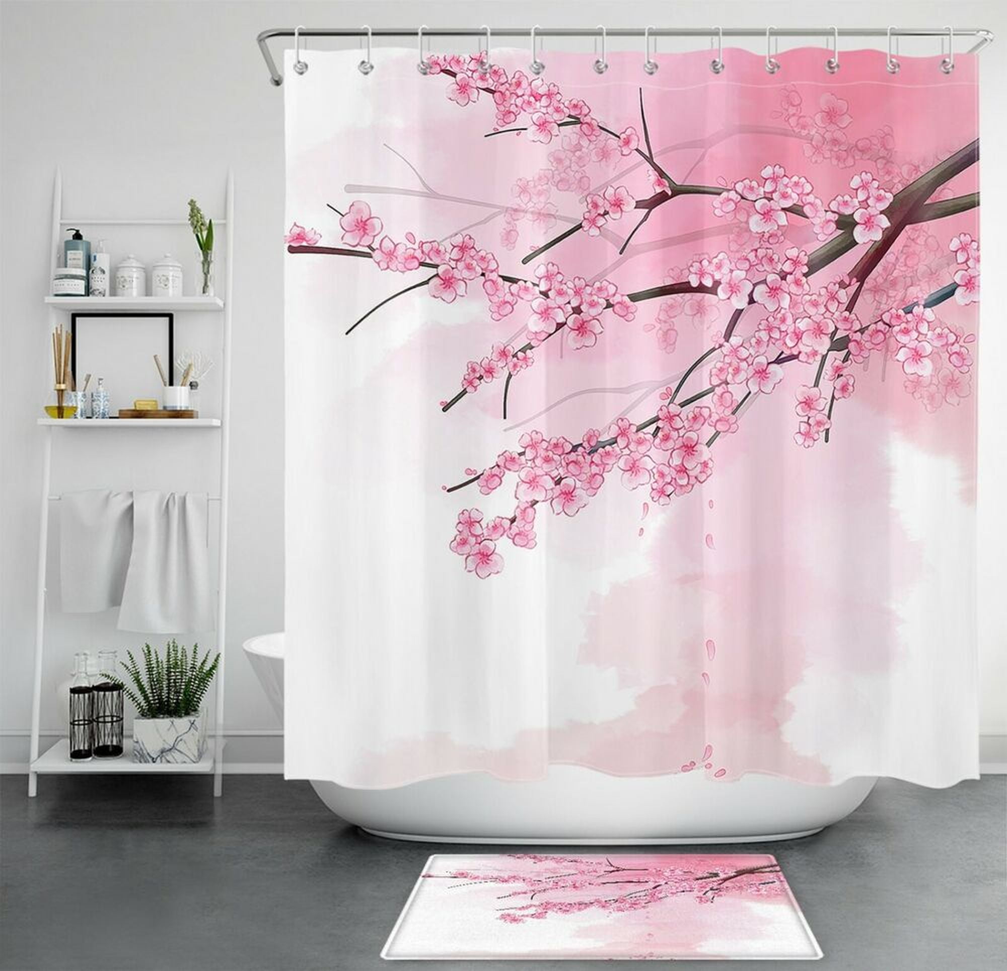 Sakura Serenity Complete Bathroom Set with Elegant Shower Curtain & Hooks