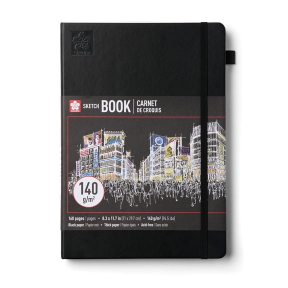 Sakura Sketchbook A4 - Drawing Sketchbook for Visual Journaling, Effortless Sketching & Personal Use - 140 GSM Paper - Hardcover Hardcover - 160 Pages - 8.3 x 11.7" - Black - Black Paper