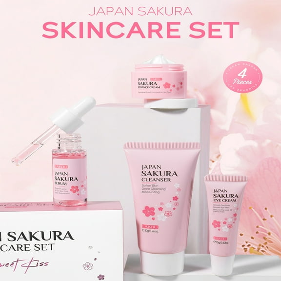 Sakura Skin Care Set, Japan Sakura Face Care Set of 4, Containing Deep Cleansing Facial Cleanser+Hydrating Facial Cream +Skin Refining Facial Serum+Firming Eye Cream, Smoothing Fine Lines