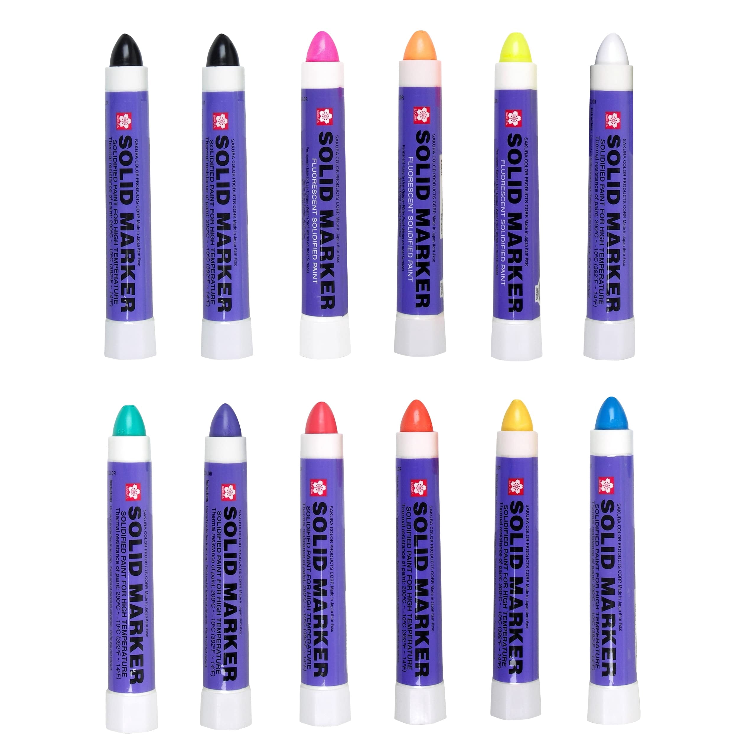 Sakura Solid Paint Markers - 12 Assorted Permanent Marker Paint Pens - 2 Black Markers, 7 Assorted Colors & 3 Fluorescent Paint Markers - Window, Wood & Glass Marker - Assorted Paint Colors - 12 Pack