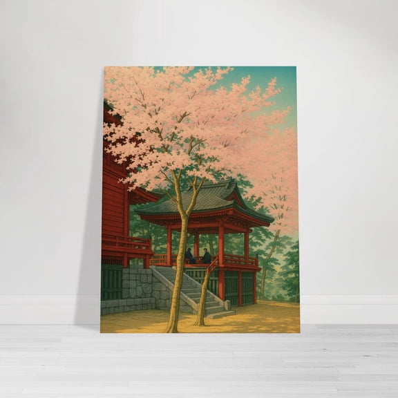 Sakura Temple Poster Japanese Cherry Blossom Wall Art Spring Kyoto Decor, Unframed Paper Poster 8x10in