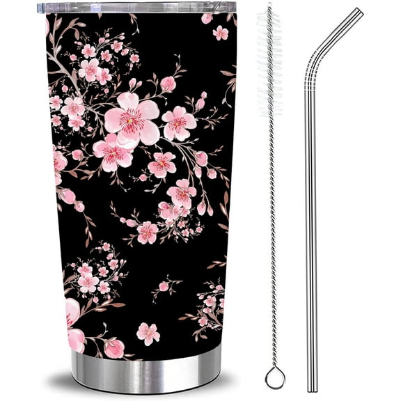 Sakura Travel Tumbler Cup 20 OZ, Stainless Steel Insulated Vacuum Cherry Blossom Coffee Mug With Lid and Straw for Men Women