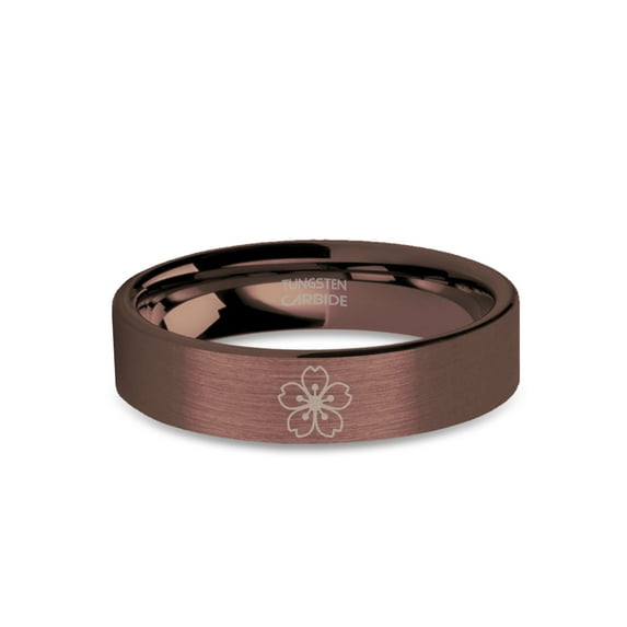 Sakura Tree Blossom Engraved Rustic Brushed Brown Tungsten Ring, 6mm, Size 12.5