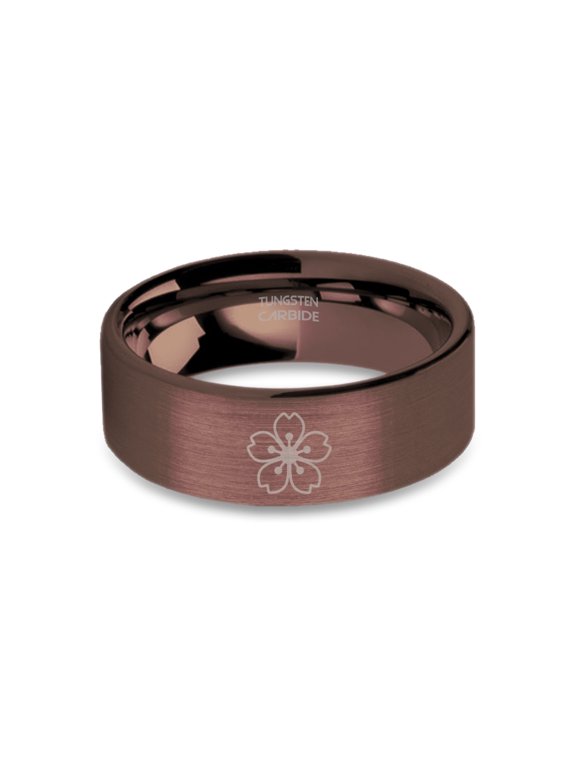 Sakura Tree Blossom Engraved Rustic Brushed Brown Tungsten Ring, 8mm, Size 6