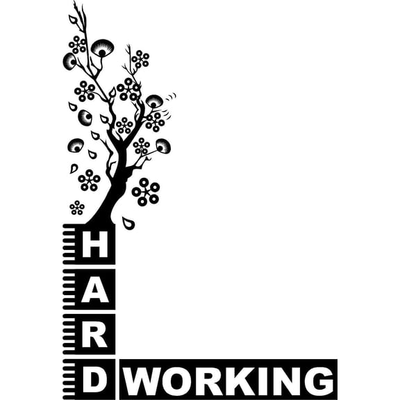 Sakura Tree Hard Working Quote Wall Art Decal - 12 Inches x 20 Inches DIY Stick And Peel Vinyl Tough Grinder Long Hauler Home Adhesive Decor Bedroom Living Room Removable Decoration Sticker - Black