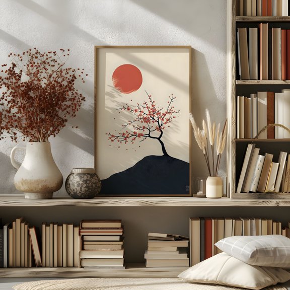 Sakura Tree On A Hill Poster 3, Japandi Wall Art Windy Weather Cherry Tree Decor Japanese Artwork Japan Landscape Decoration Romantic Print, Poster Only