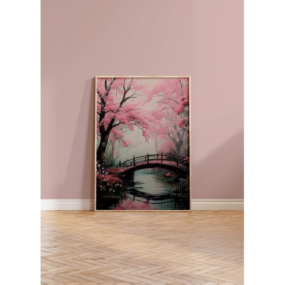 Sakura Tree Japanese Bridge Pink Cherry Blossom Wall Art, Unframed Canvas 12x16in