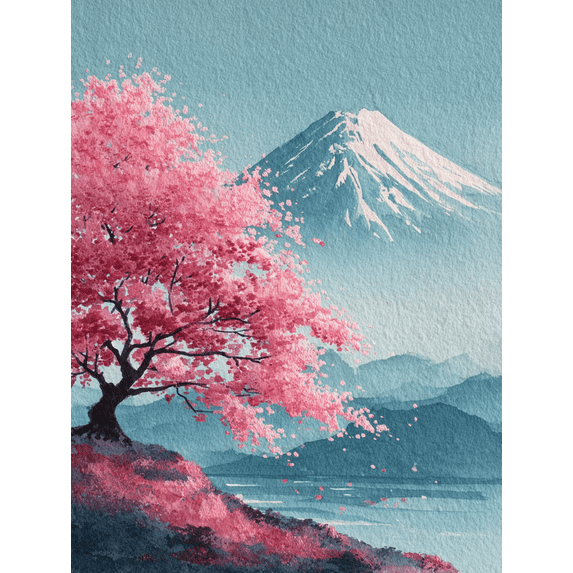 Sakura Tree Mount Fuji Watercolor Canvas Print Wall Art for Living Room Bedroom Office Hotel Decor