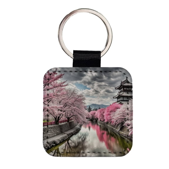 Sakura Trees Along River Japanese Scene Faux Leather Square Keychain