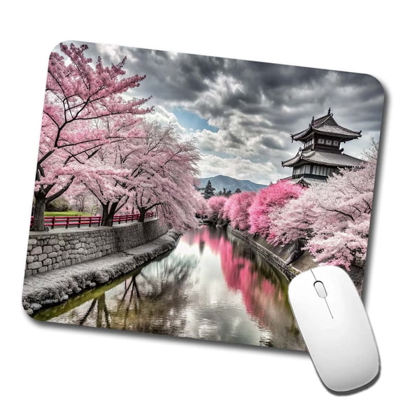 Sakura Trees Along River Japanese Scene Mouse Pad Low Profile Gaming Mat