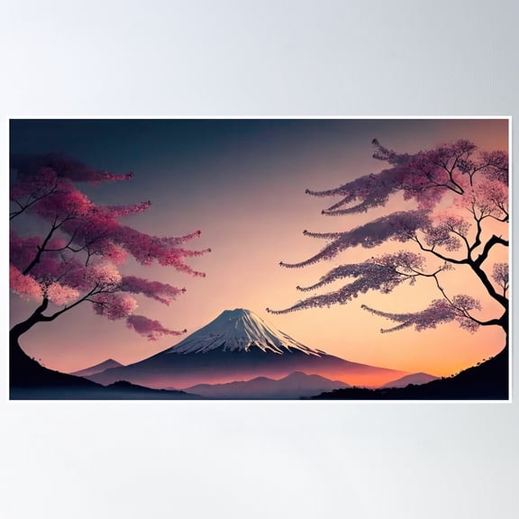 Sakura Trees With Mount Fuji Poster Wall Art, Modern Wall Decor, 8x12 UNFRAMED