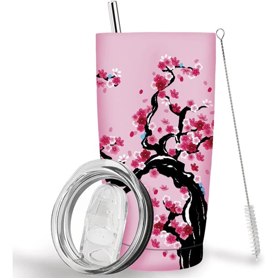 Sakura Tumbler with Lid and Straw 20 oz Travel Sakura Flower Print Cup Stainless Steel Vacuum Insulated Coffee Mug Sakura Lovers Gifts for Women and Men