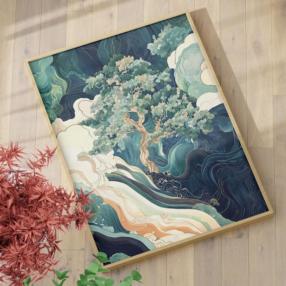 Sakura Waterfall Asian Nature Wall Art, Traditional Landscape Decor, Unframed Paper Print Size 8x12