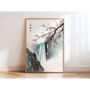 Sakura Waterfall Wall Art Japanese Ink Painting Home Decor