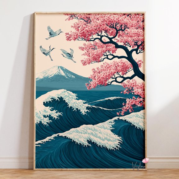 Sakura Wave Mount Fuji Wall Decor