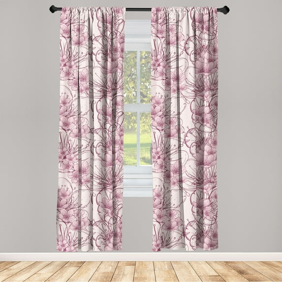 Sakura Window Curtains, Nude Color Palette Drawn Cherry Blossom Pattern with Lines Botany Art, Lightweight Decor 2-Panel Set with Rod Pocket, Pair of - 28"x95", Rose Pale Pink Dried Rose, by Ambesonne