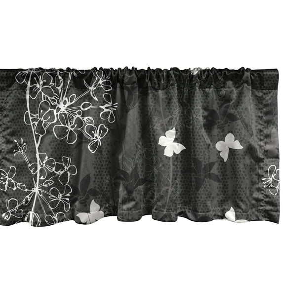 Sakura Window Valance, Muted Colors Lily and Butterfly Pattern with Vertical Cherry Blossoms, Curtain Valance for Kitchen Bedroom with Rod Pocket, 54" X 18", Charcoal Grey Pale Grey, by Ambesonne