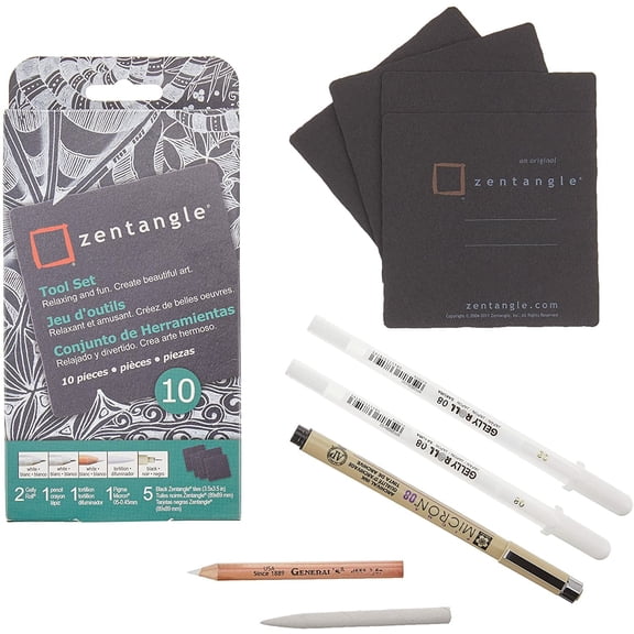Sakura Zentangle Tool Set - 2 Gelly Roll White Pens, 1 Micron 08 Black Pen, 1 White Charcoal Pencil, 1 Tortillion, 5 3.5" Black Tiles - Black Zentangle Tiles - 10 Piece Set