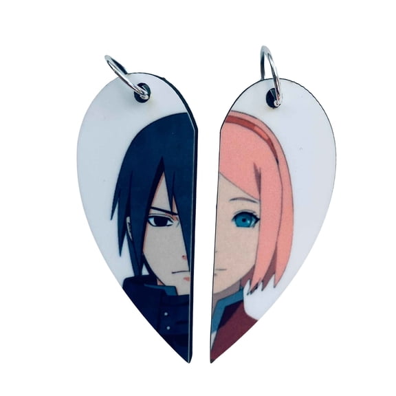 Sakura and Sasuke Matching Heart Necklaces Keyrings | Naruto Anime Couples or BFF Gift | Valentine's Day Gift for Him or Her