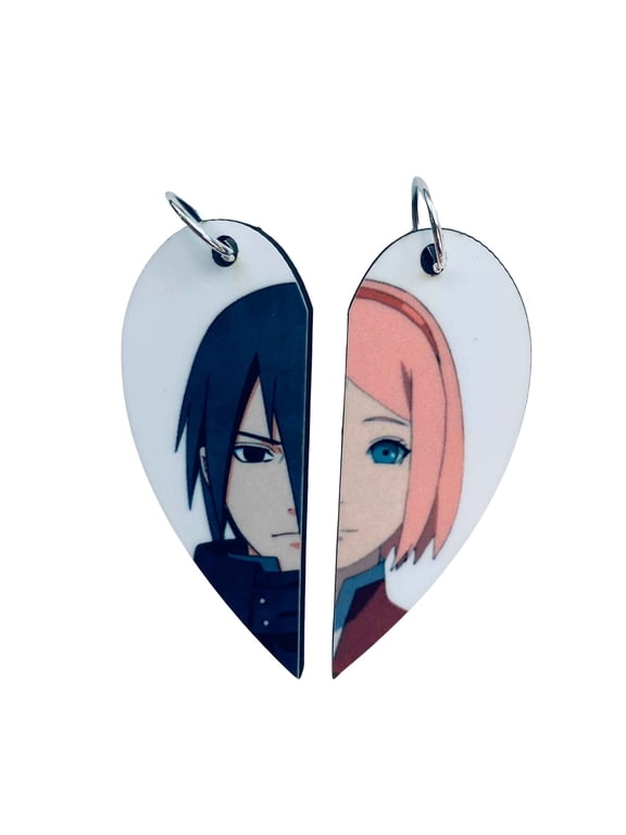 Sakura and Sasuke Matching Heart Necklaces Keyrings | Naruto Anime Couples or BFF Gift | Valentine's Day Gift for Him or Her