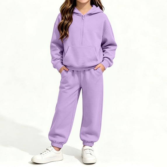 Sakuulaan Girls 2‑Piece Fleece Tracksuit Set, Half‑Zip Hooded Sweatshirt & Relaxed Sweatpants, Warm Polyester Casual Outfit for Kids Ages 5‑14