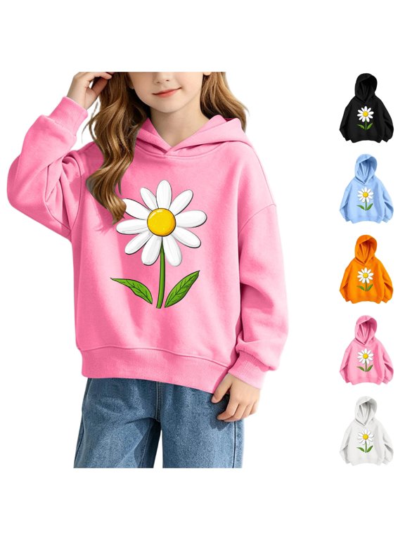 Girls Hoodie Daisy Flower Print Long Sleeve Pullover Sweatshirt Size 1-10Y