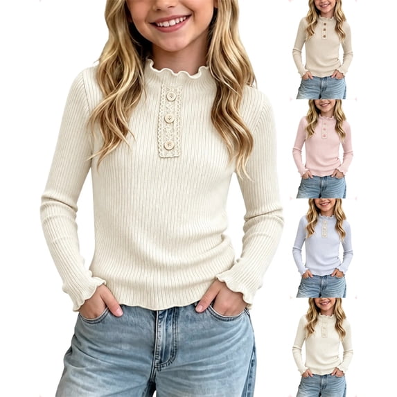 Sakuulaan Girls Long Sleeve Tops,Ribbed Knit Ruffle Neck Lace Button Fall Winter School Casual Shirt