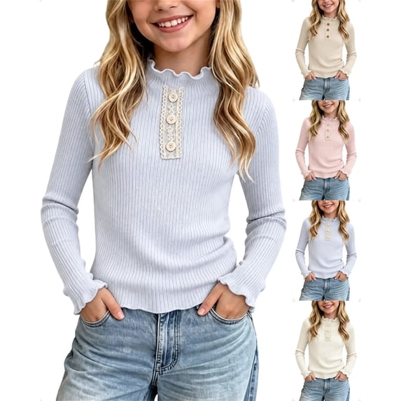 Sakuulaan Girls Long Sleeve Tops,Ribbed Knit Ruffle Neck Lace Button Fall Winter School Casual Shirt