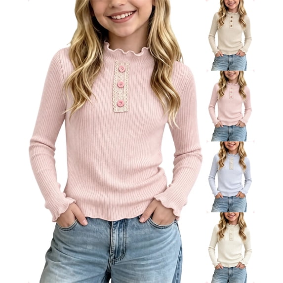 Sakuulaan Girls Long Sleeve Tops,Ribbed Knit Ruffle Neck Lace Button Fall Winter School Casual Shirt