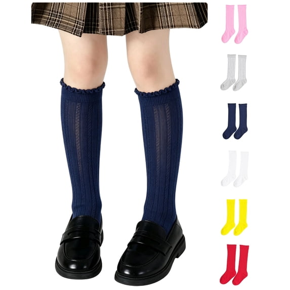 Sakuulaan Girls Knee High Socks Ruffle Cuff Rib Knit Soft Cotton School Uniform Preppy Daily Wear