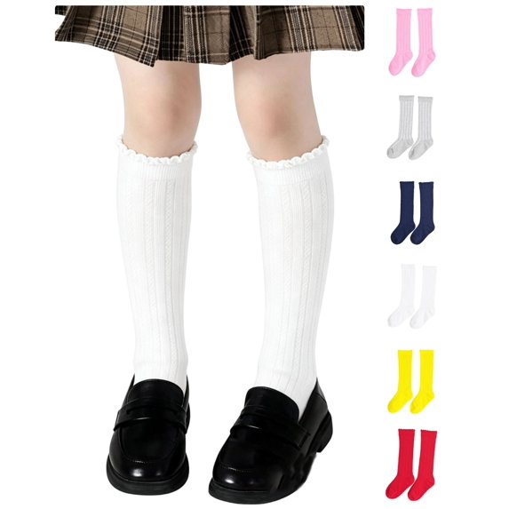 Sakuulaan Girls Knee High Socks Ruffle Cuff Rib Knit Soft Cotton School Uniform Preppy Daily Wear