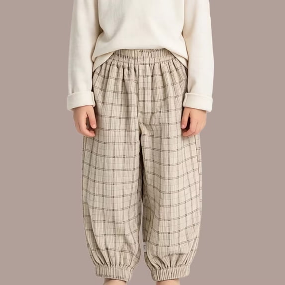 Sakuulaan Kids Plaid Pants Elastic Waist Cuffs Loose Casual Trousers 0-12 Years