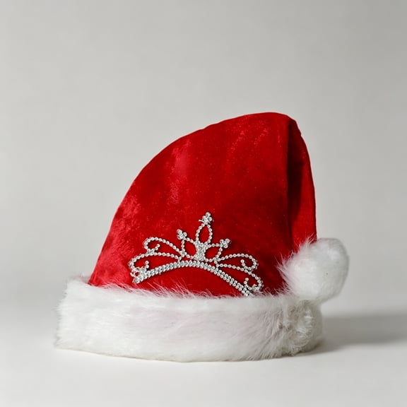 Sakuulaan Velvet Santa Hat for Women, Rhinestone Crown Faux Fur Brim Pom Pom, Christmas Party Hat, 2 Colors, One Size