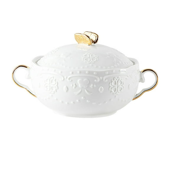 Salad Bowl,1 Set of Ceramic Dessert Bowl Double Handle Bowl with Lid for Fruit Salad Soup