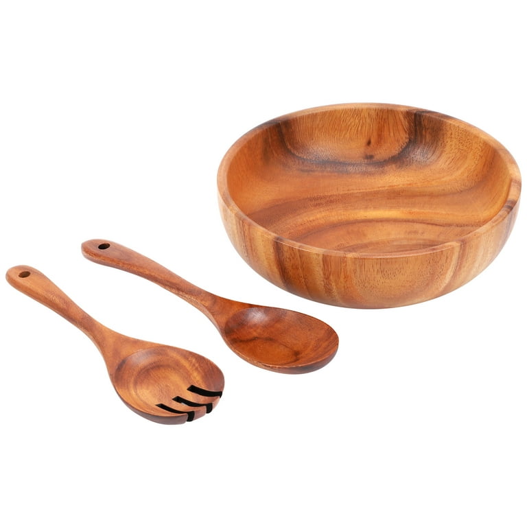 Acacia Wood Salad Bowl with Servers Set - Large 9.4 Inches Solid Hardwood Salad