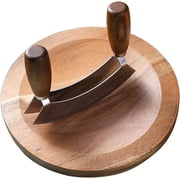 Salad Chopper With Round Wood Cutting Board - Mezzaluna Knife with Protective Cover and Anti-Slip Handle Stainless Steel Chopper Vegetable Cutter Onion Chopper Mincing Knife Pizza Cutter