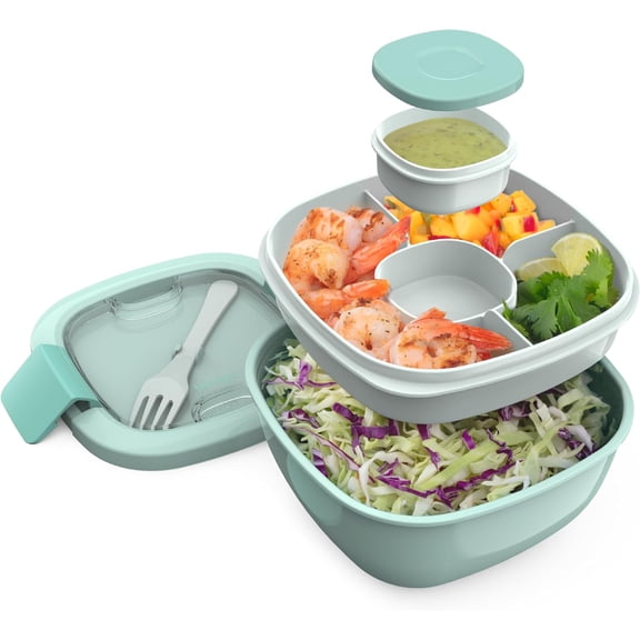 Salad Container - 54 oz Bowl with 4-Compartment Toppings Tray, Leak-Proof Dressing Container, Reusable Fork, BPA-Free Lunch Box for Meal Prep & Food Storage; Removable Bento Tray (Coastal Aqua)