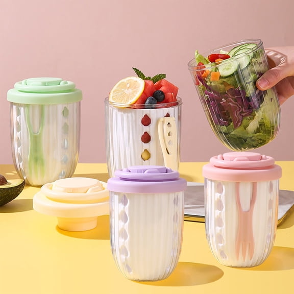 Salad Cup Double Layer Drain Structure With Matching Fork,Leakproof Sealed Container Food Safe Portable Lunch Accessory For Fruit And Fresh Meals(Green)