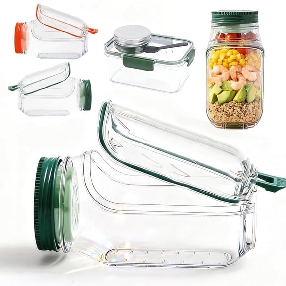 Salad Jar with Side Opening (2nd Gen)  Leakproof Vertical Portable Layering Salad Jar with Built-In Dressing Containers, Microwave & Dishwasher Safe Meal Prep Box for Picnic & Travel