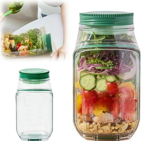 Salad Jar with Side Opening with Fork, Mason Jar Salad Container, Leakproof Dressing Compartment, Vertical Layering Salad Jars, Reusable & Portable Lunch Containers for Office, Picnic & Travel