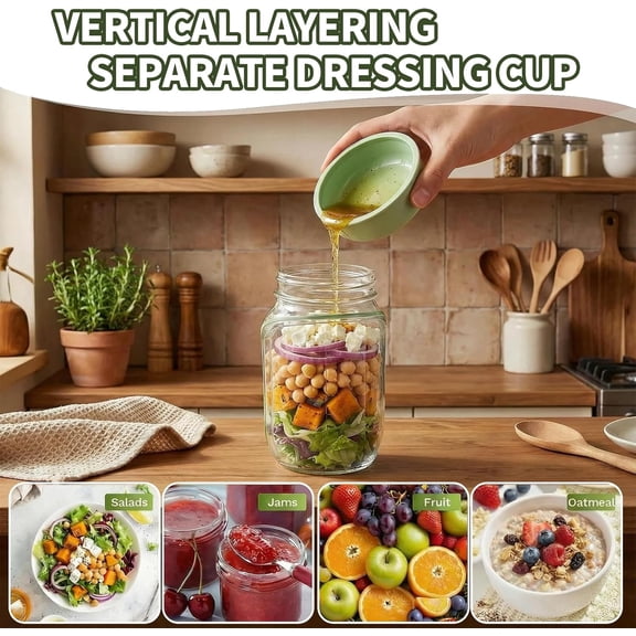 Salad Jar with Side Opening, Mason Jar Pod Lunch Container for Meal Prep, Leakproof Airtight Salad Shaker with Dressing Container, BPA Free & Dishwasher Safe for Office & Travel