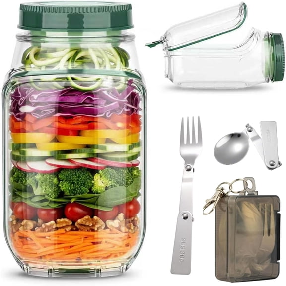 Salad Jar with Side Opening, Mason Jar Pod Lunch Container for Meal Prep, Leakproof Airtight Salad Shaker with Dressing Container, BPA Free & Dishwasher Safe for Office & Travel