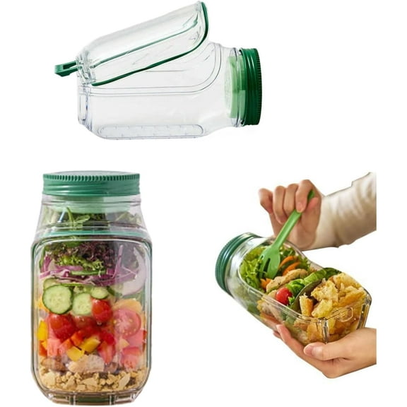 Salad Jar with Side Opening, Mason Jar Salad Container for Lunch with Dressing Compartment, Leak-Proof Portable Pod Jar, Microwave & Dishwasher Safe Meal Prep Box for Home, Office, Travel