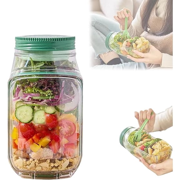 Salad Jar with Side Opening, Mason Jar Salad Container for Lunch with Dressing Compartment, Leak-Proof Portable Pod Jar, Microwave & Dishwasher Safe Meal Prep Box for Home, Office, Travel, Leakpro...