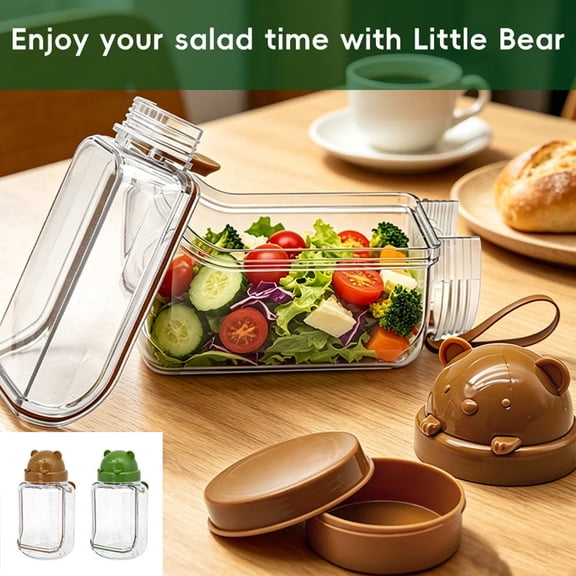 Salad Jar Storage Bottle Cute Bear Canister - Plastic Salad Container With Integrated Measuring, Fresh Prep Organizer, Versatile Home Kitchen Décor