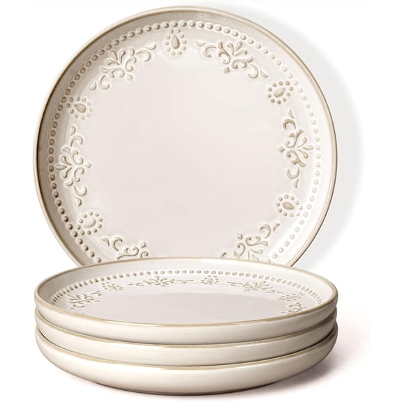 Salad Plates Set of 4, 8.5 Inch Ceramic Appetizer Plates with Damask Floral Embossing, Lipped Edge, Microwave and Dishwasher Safe