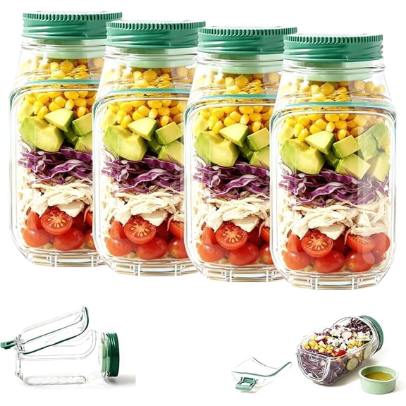 Salad Pod Mason Jar Side Open – Leakproof Vertical Layering Salad Jars with Built-In Dressing Containers, Reusable & Portable Lunch Containers for Office, Picnic & Travel (Pack of 4)