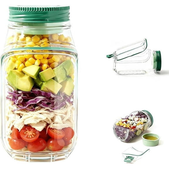 Salad Pod Mason Jar Side Open – Leakproof Vertical Layering Salad Jars with Built-In Dressing Containers, Reusable & Portable Lunch Containers for Office, Picnic & Travel (Pack of 1)